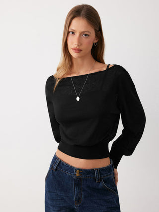 Knit Fabric Cotton-blend Textured Asymmetrical Neck Lantern Sleeve Oversized Top & Cami Top For Daily Casual