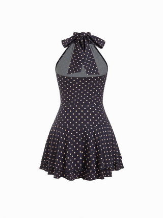 Chiffon Polka Dot Halter Neckline Ruffled Tie Back Mini Dress