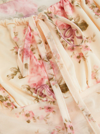 Chiffon Floral Square Neck Twist Knotted Ruffle Sleeve Crop Top