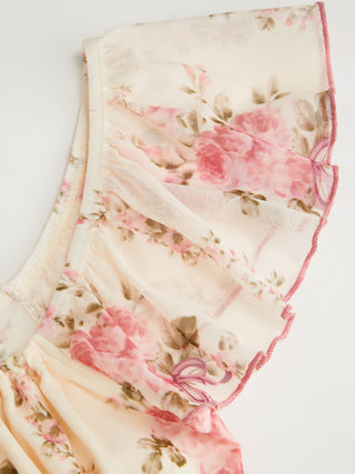 Chiffon Floral Square Neck Twist Knotted Ruffle Sleeve Crop Top