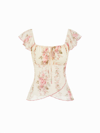 Chiffon Floral Square Neck Twist Knotted Ruffle Sleeve Crop Top