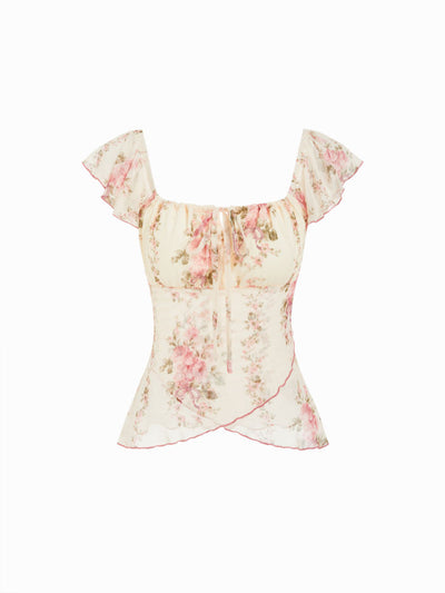 Chiffon Floral Square Neck Twist Knotted Ruffle Sleeve Crop Top