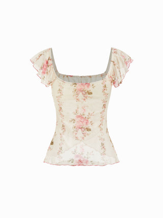 Chiffon Floral Square Neck Twist Knotted Ruffle Sleeve Crop Top