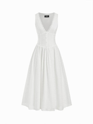 Woven Cotton-blend Sculptural V-neck Broderie Anglaise Floral Lace Trim Button Midi Dress For Vacation