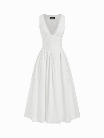 Woven Cotton-blend Sculptural V-neck Broderie Anglaise Floral Lace Trim Button Midi Dress For Vacation