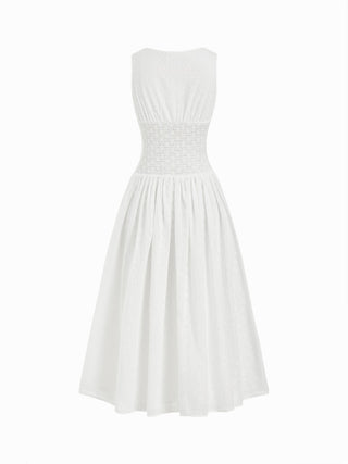 Woven Cotton-blend Sculptural V-neck Broderie Anglaise Floral Lace Trim Button Midi Dress For Vacation