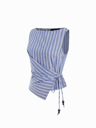 Linen-blend Beaded Knotted Ruched Tank Top