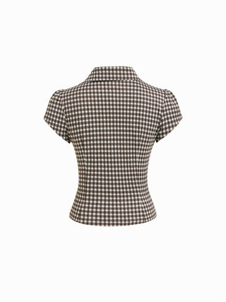 Woven Gingham Puff Sleeve Ruched Asymmetrical Hem Top For Daily Casual
