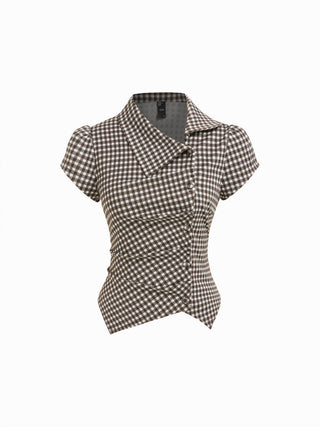 Woven Gingham Puff Sleeve Ruched Asymmetrical Hem Top For Daily Casual
