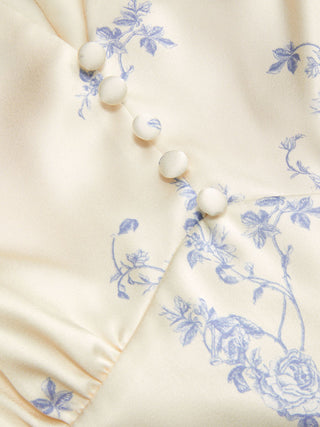 Satin V-neck Floral Lace Up Bell Sleeve Maxi Dress