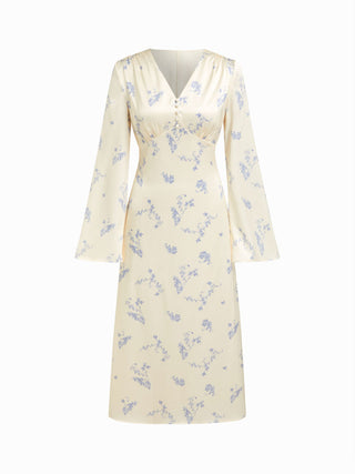 Satin V-neck Floral Lace Up Bell Sleeve Maxi Dress