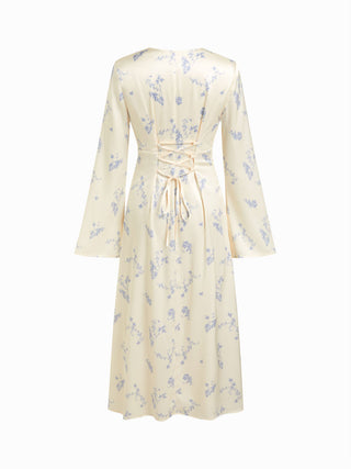 Satin V-neck Floral Lace Up Bell Sleeve Maxi Dress