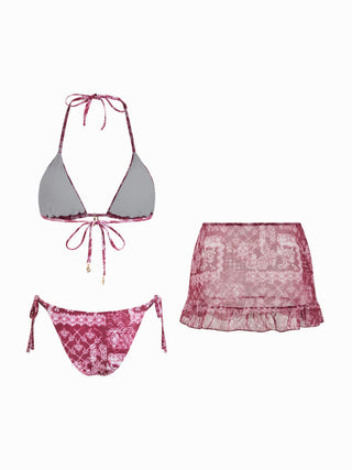 Halter Neckline Paisley Triangle Bikini Set With Ruffle Cover Up Skirt