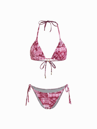 Halter Neckline Paisley Triangle Bikini Set With Ruffle Cover Up Skirt