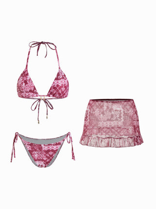 Halter Neckline Paisley Triangle Bikini Set With Ruffle Cover Up Skirt