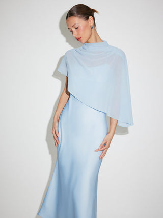 Satin High Neck Cape Sleeve Maxi Dress