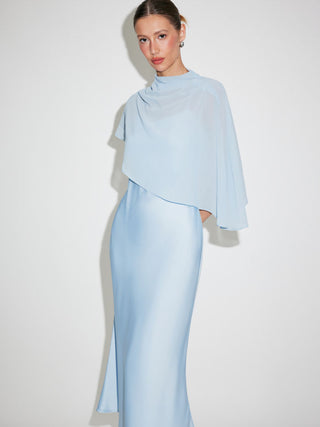 Satin High Neck Cape Sleeve Maxi Dress