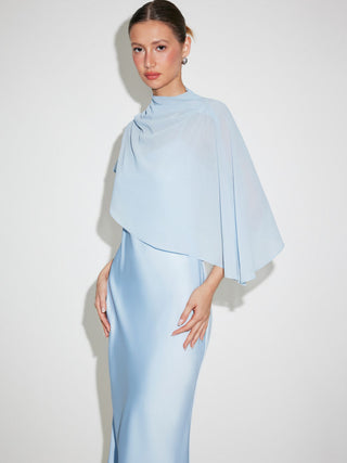 Satin High Neck Cape Sleeve Maxi Dress