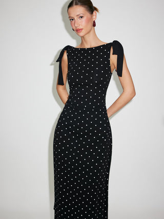 Cotton-blend Boat Neck Polka Dot Bowknot Midi Dress