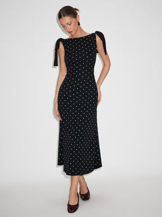 Cotton-blend Boat Neck Polka Dot Bowknot Midi Dress