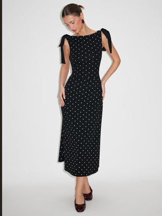 Cotton-blend Boat Neck Polka Dot Bowknot Midi Dress