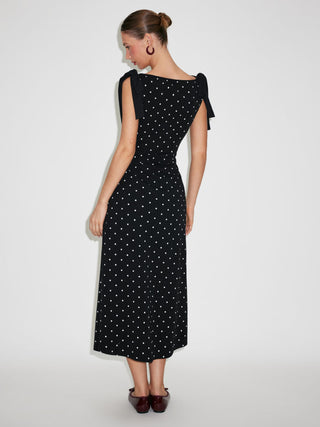 Cotton-blend Boat Neck Polka Dot Bowknot Midi Dress