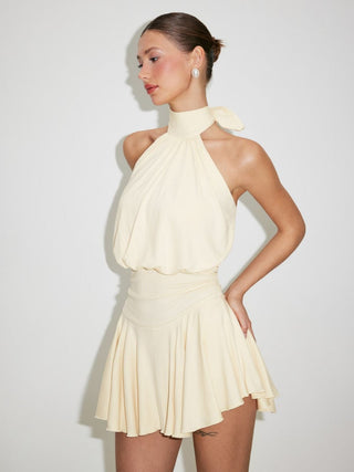 Stand Collar Sleeveless A-Line Mini Dress with Scarf