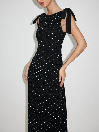 Cotton-blend Boat Neck Polka Dot Bowknot Midi Dress