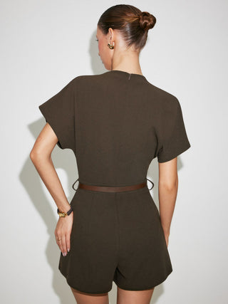 Stand Collar Romper With Belt