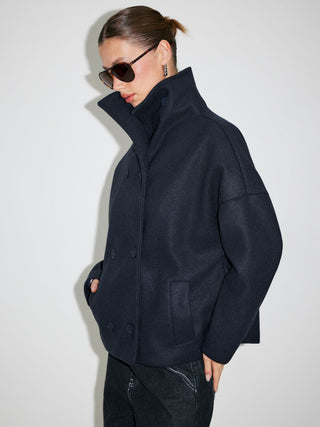 Wool-look High Neck Double Breasted Oversized Jacket