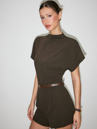 Stand Collar Romper With Belt