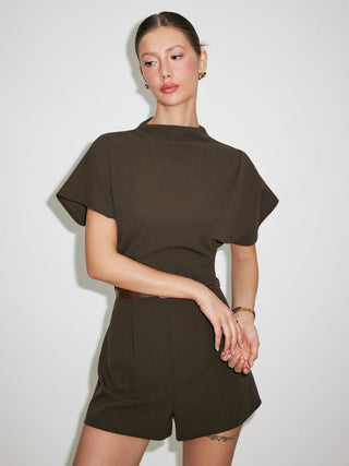 Stand Collar Romper With Belt