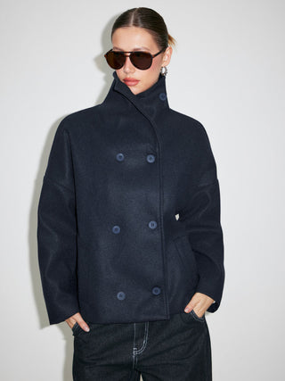 Wool-look High Neck Double Breasted Oversized Jacket