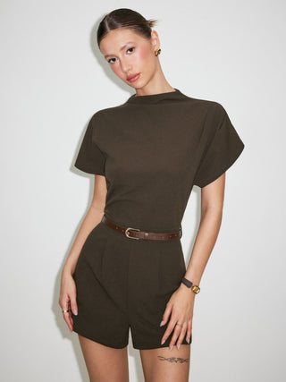 Stand Collar Romper With Belt