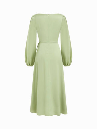 Satin Boat Neck Lantern Sleeve Asymmetrical Maxi Dress