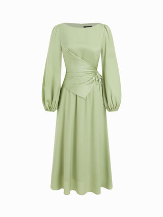 Satin Boat Neck Lantern Sleeve Asymmetrical Maxi Dress