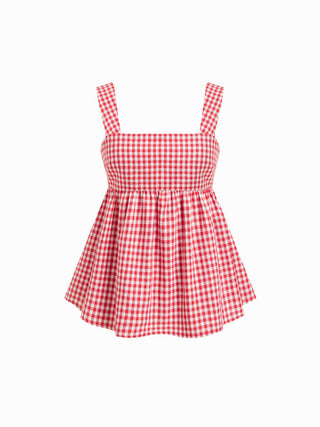 Woven Cotton-blend Gingham Square Neck Bowknot A-line Cami Top For Daily Casual Picnic
