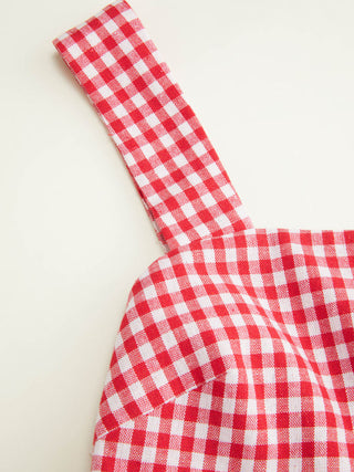 Woven Cotton-blend Gingham Square Neck Bowknot A-line Cami Top For Daily Casual Picnic