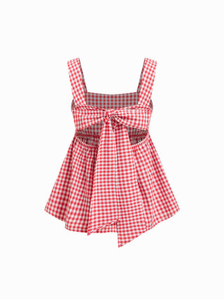Woven Cotton-blend Gingham Square Neck Bowknot A-line Cami Top For Daily Casual Picnic