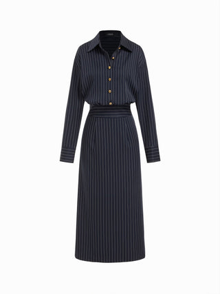 Woven Striped Collar Button Front Maxi Dress For Work