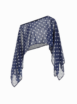 Chiffon Polka Dot Boat Neck Cloak Sleeve Oversized Poncho Blouse & Bandeau
