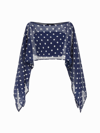 Chiffon Polka Dot Boat Neck Cloak Sleeve Oversized Poncho Blouse & Bandeau