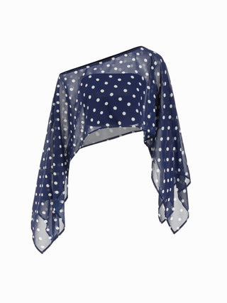 Chiffon Polka Dot Boat Neck Cloak Sleeve Oversized Poncho Blouse & Bandeau