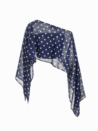 Chiffon Polka Dot Boat Neck Cloak Sleeve Oversized Poncho Blouse & Bandeau