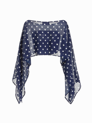 Chiffon Polka Dot Boat Neck Cloak Sleeve Oversized Poncho Blouse & Bandeau