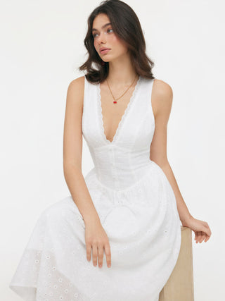 Woven Cotton-blend Sculptural V-neck Broderie Anglaise Floral Lace Trim Button Midi Dress For Vacation