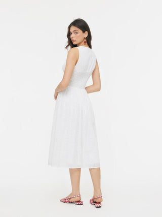 Woven Cotton-blend Sculptural V-neck Broderie Anglaise Floral Lace Trim Button Midi Dress For Vacation