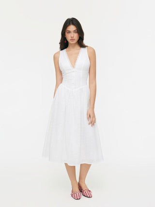Woven Cotton-blend Sculptural V-neck Broderie Anglaise Floral Lace Trim Button Midi Dress For Vacation