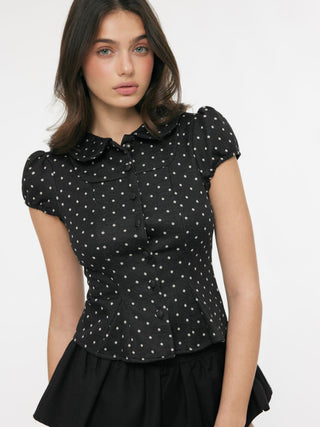 Polka Dot Peter Pan Collar Puff Sleeve Cropped Top