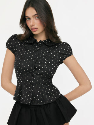 Polka Dot Peter Pan Collar Puff Sleeve Cropped Top